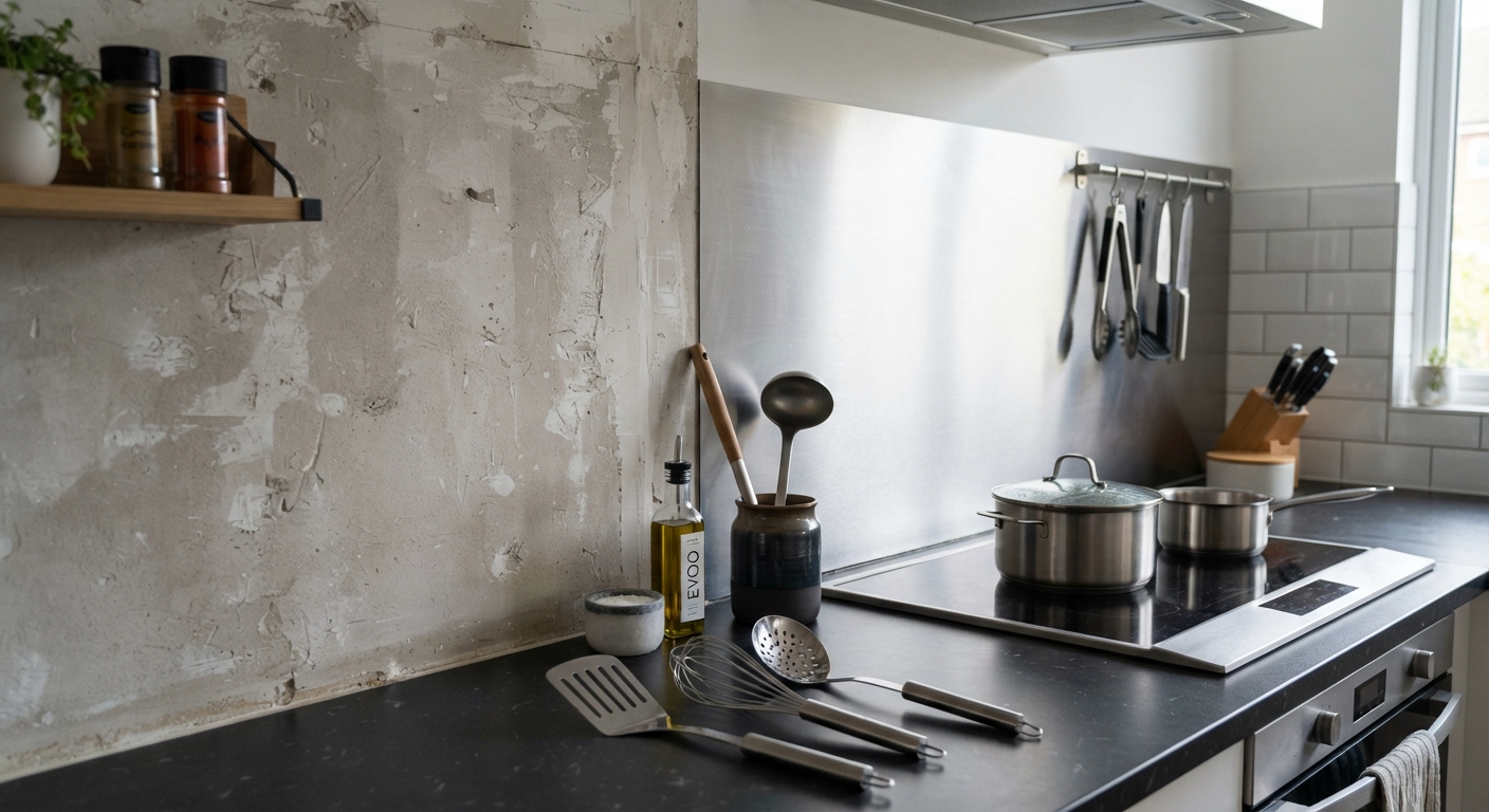 Comparaison entre mur brut et crédence adhésive en inox brossé