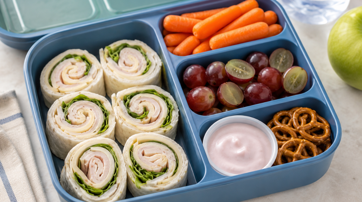 Balanced school lunch box with turkey pinwheels, carrots, grapes, yogurt dip, and pretzels
