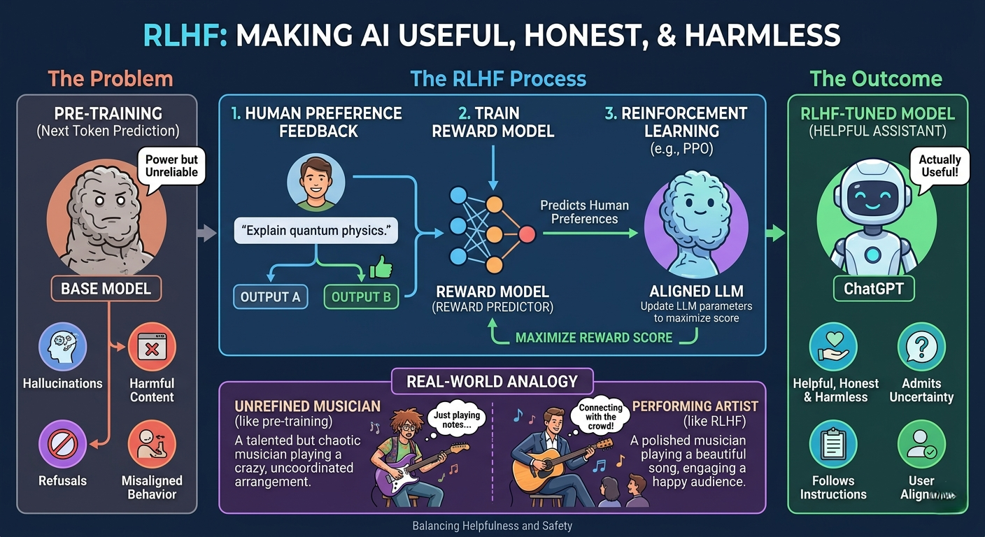RLHF reinforcement learning from human feedback diagram showing human raters comparing outputs, reward model training, and PPO policy optimization loop
