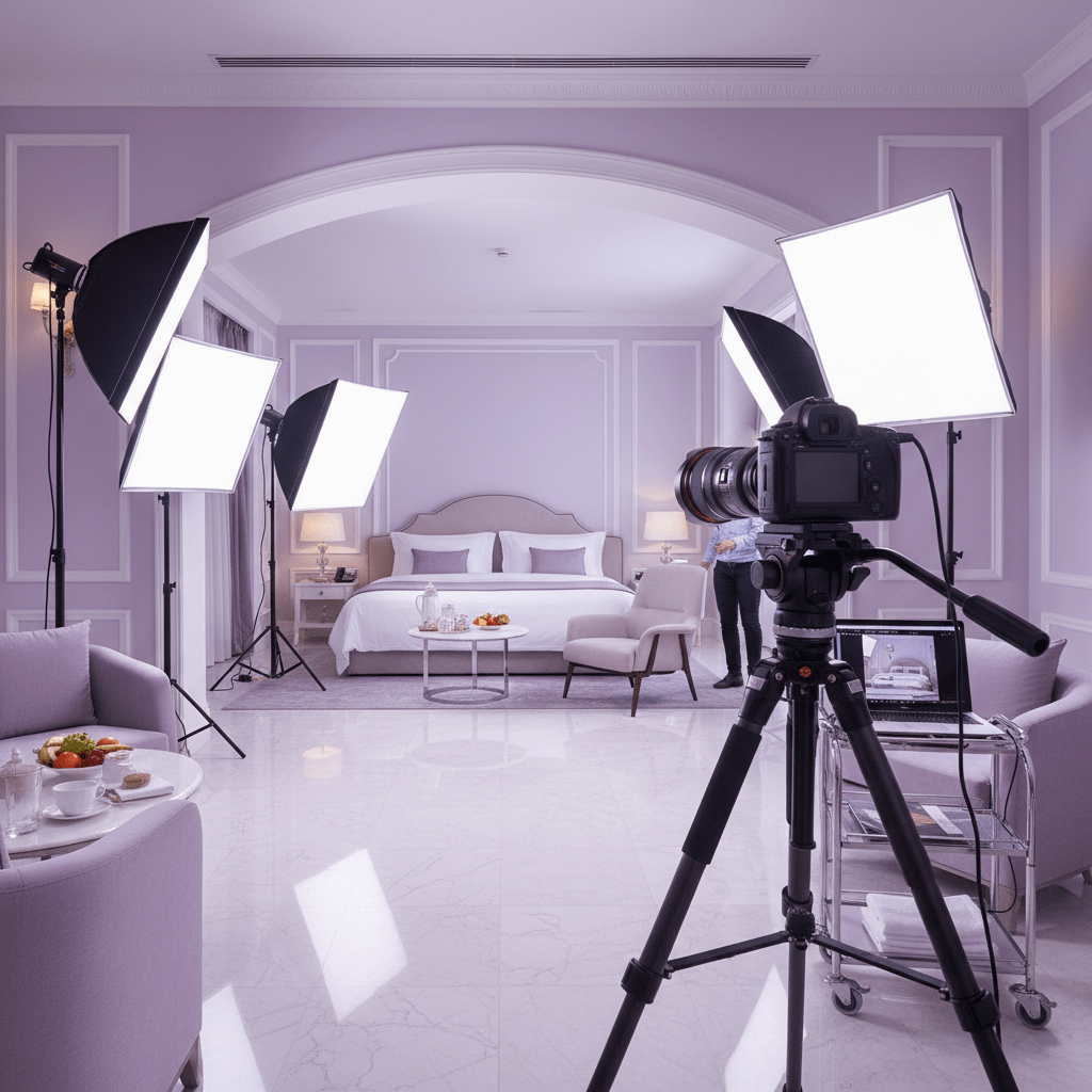 A professional hotel photo shoot in a bright lobby and polished room, with camera equipment and neatly staged amenities