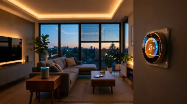 Modern living room at dusk with smart thermostat, speaker, and automated lighting creating cozy ambiance