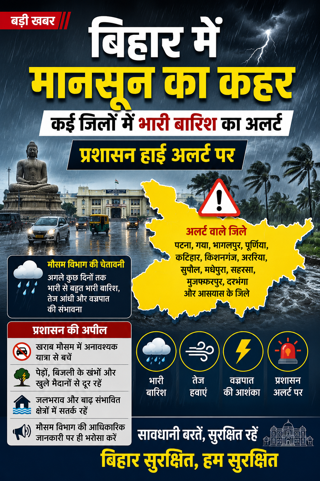बिहार में मानसून ने पकड़ी रफ्तार, कई जिलों में भारी बारिश का अलर्ट, प्रशासन हाई अलर्ट पर