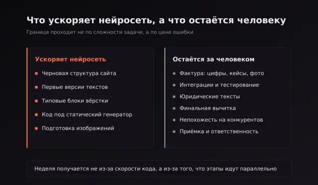 Что ускоряет нейросеть и что остаётся за человеком при разработке сайта
