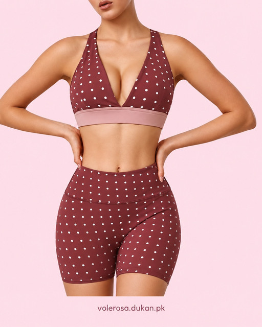 Polka Dot V-Neck Sports Bra & Biker Shorts Activewear Set, Front view