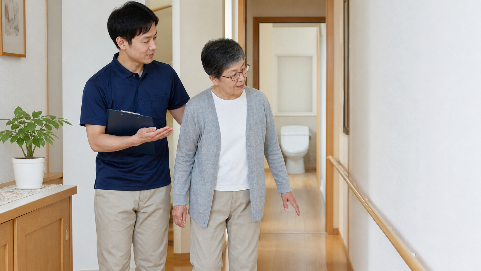 トイレまでの移動や住環境を確認するリハビリ場面
