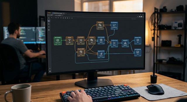 A modern visual interface on a computer screen shows a workflow with nodes and connections, illustrating a user-friendly workflow builder.