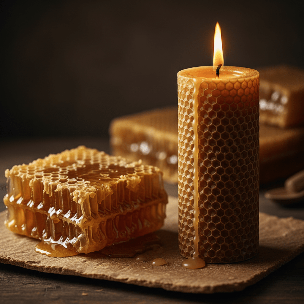 Pure beeswax candle with honeycomb and warm natural light