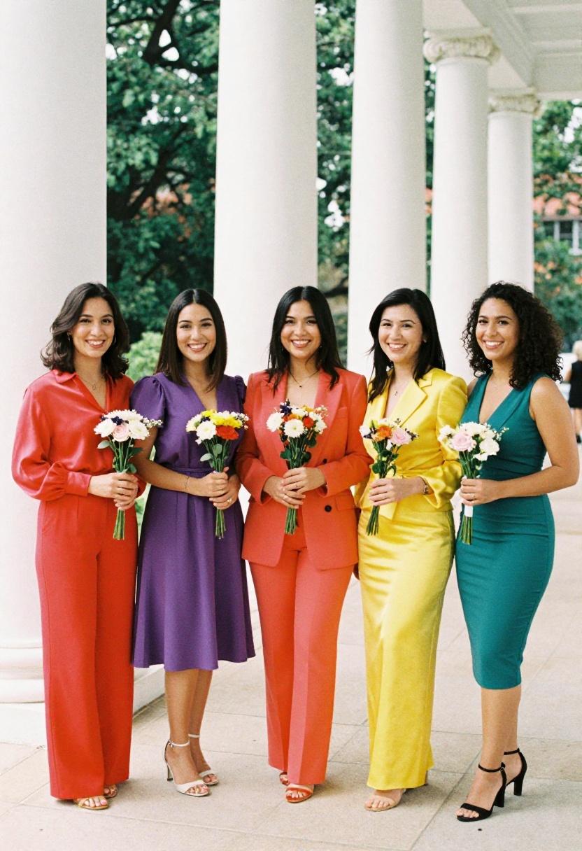 Group of graduates in vibrant bold outfits posing under formal white columns