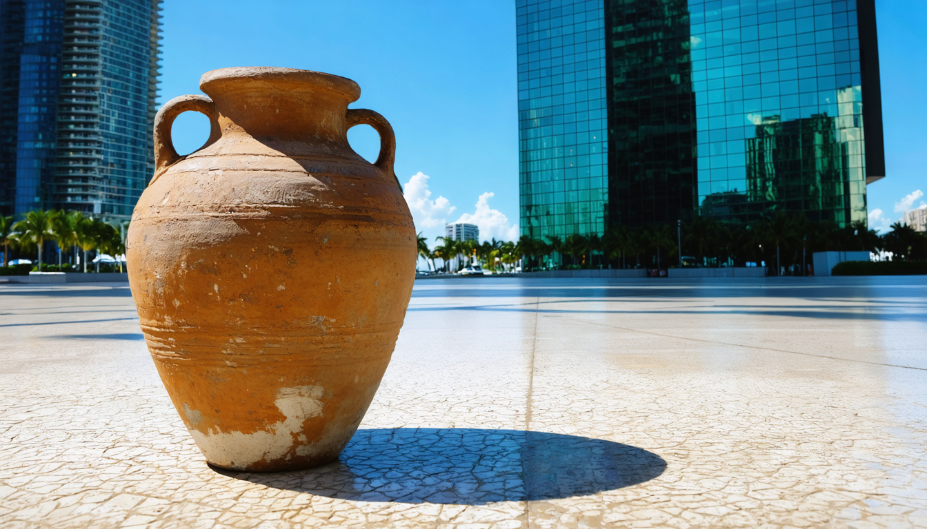 A lone ceramic jar holding its ground among glass towers, refusing to reflect anything but its own shadow.