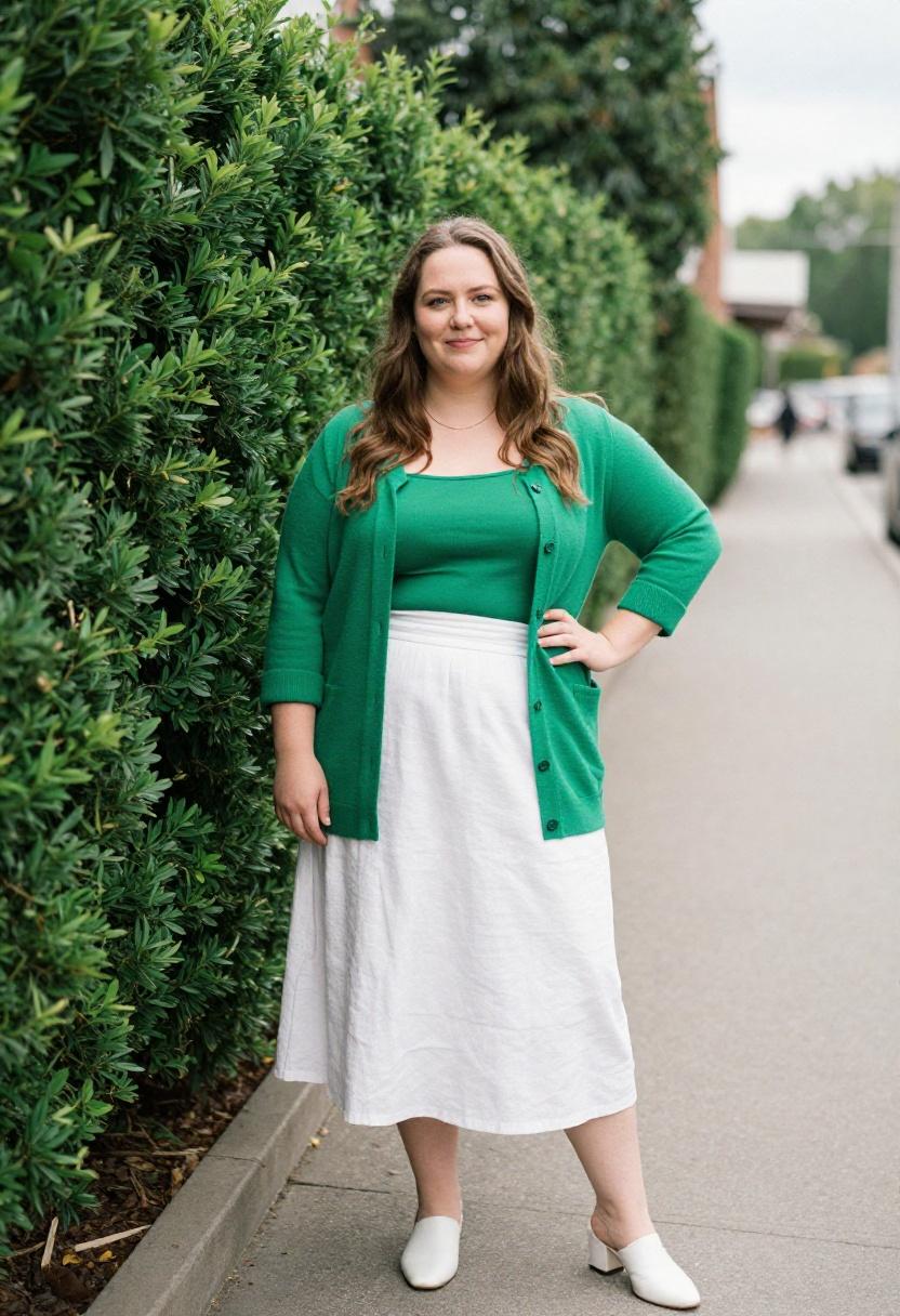 Plus-size woman in emerald green cropped cardigan over white linen midi skirt, polished spring look
