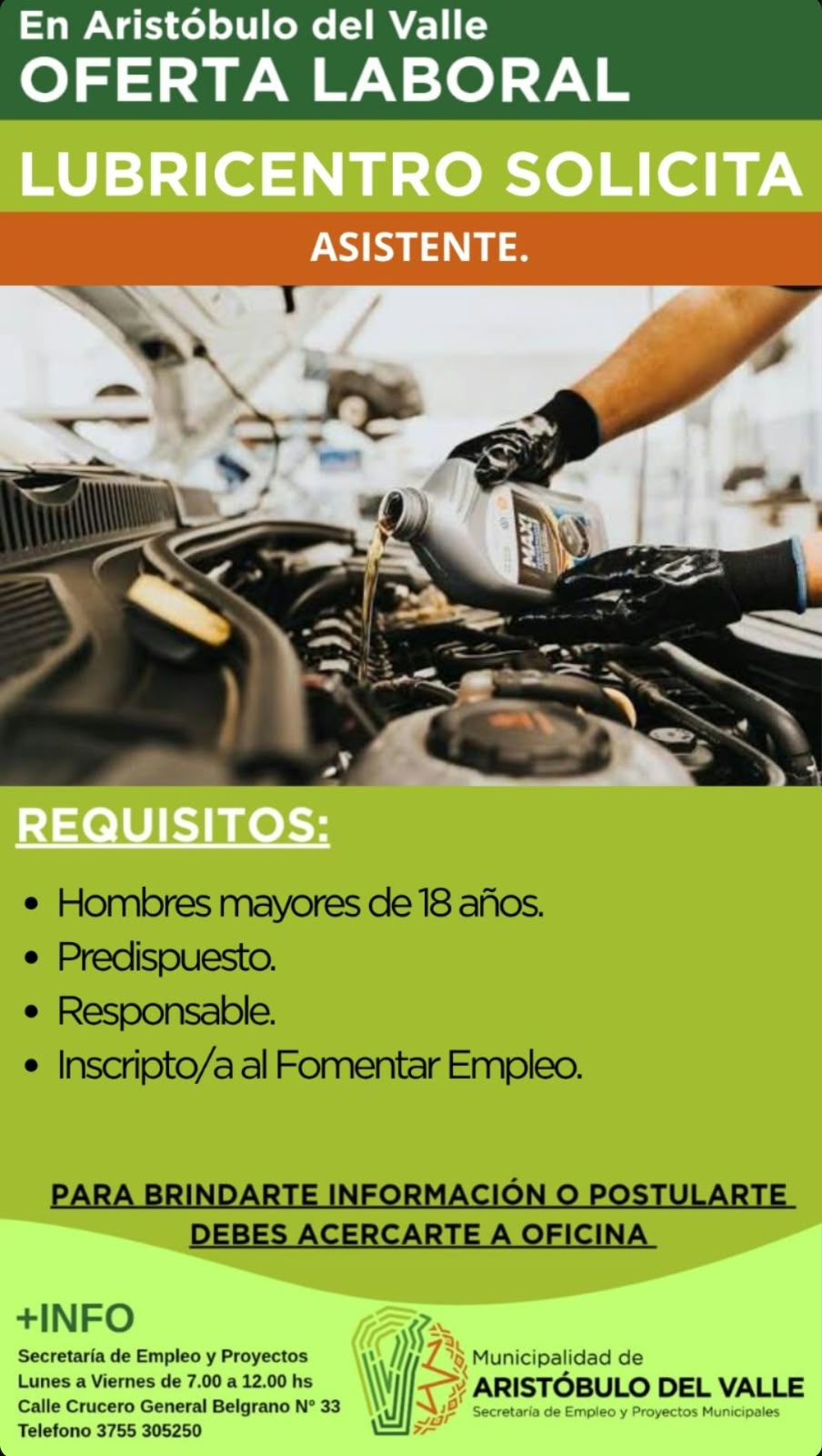 Lubricentro Busca Asistentes en Aristobulo del Valle