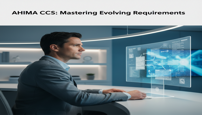 AHIMA CCS: Mastering Evolving Requirements A focused professional looking at a holographic screen displaying evolving medical coding guidelines and data, symbolizing the AHIMA CCS certification updates and the need to master new requirements.