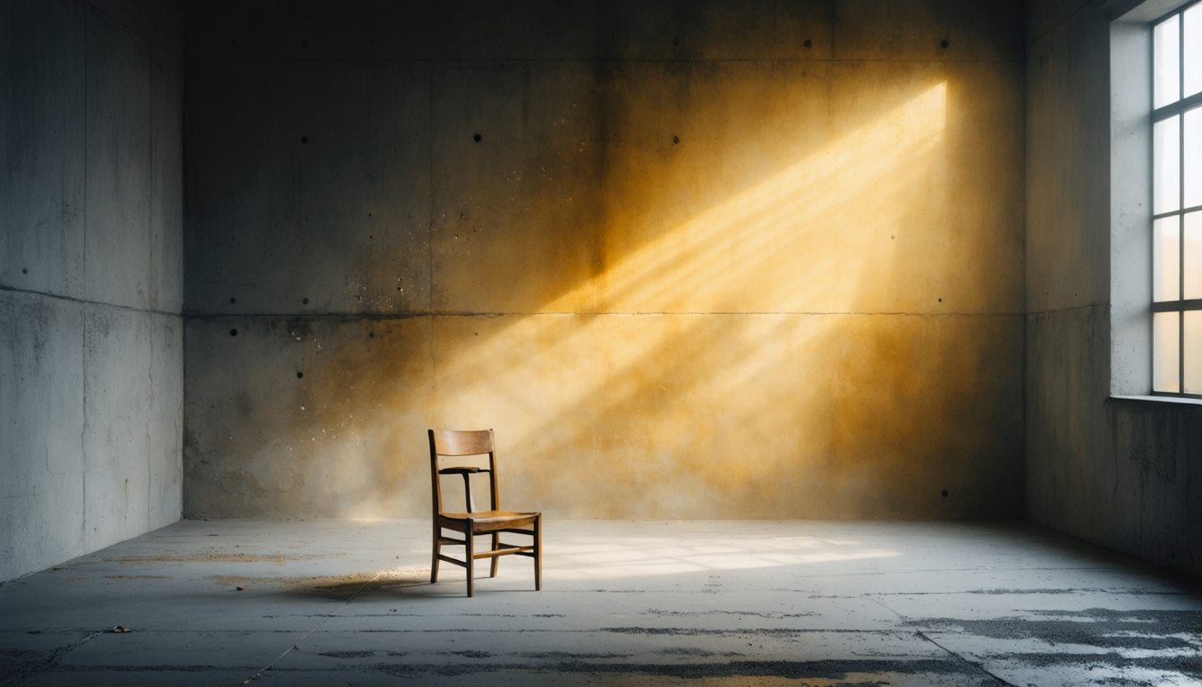 A single chair waiting in a concrete room, as if stillness were something the architecture demanded rather than something freely chosen.
