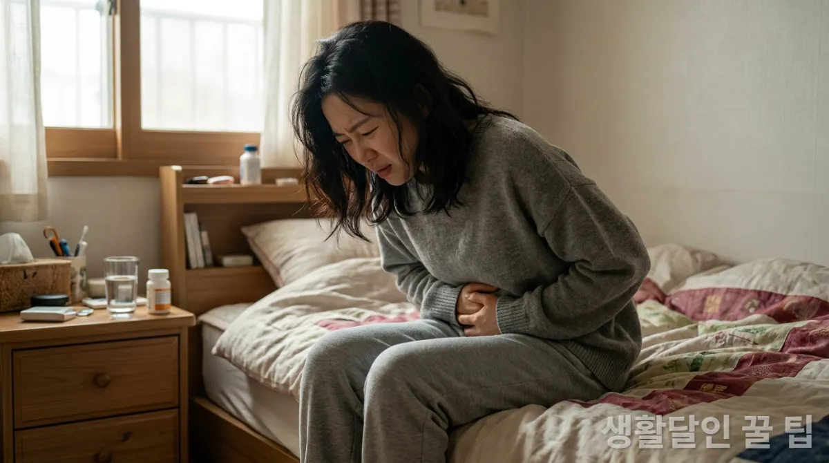 30대 한국인이 배를 움켜쥐고 고통스러워하는 모습, 침대 위 배경
