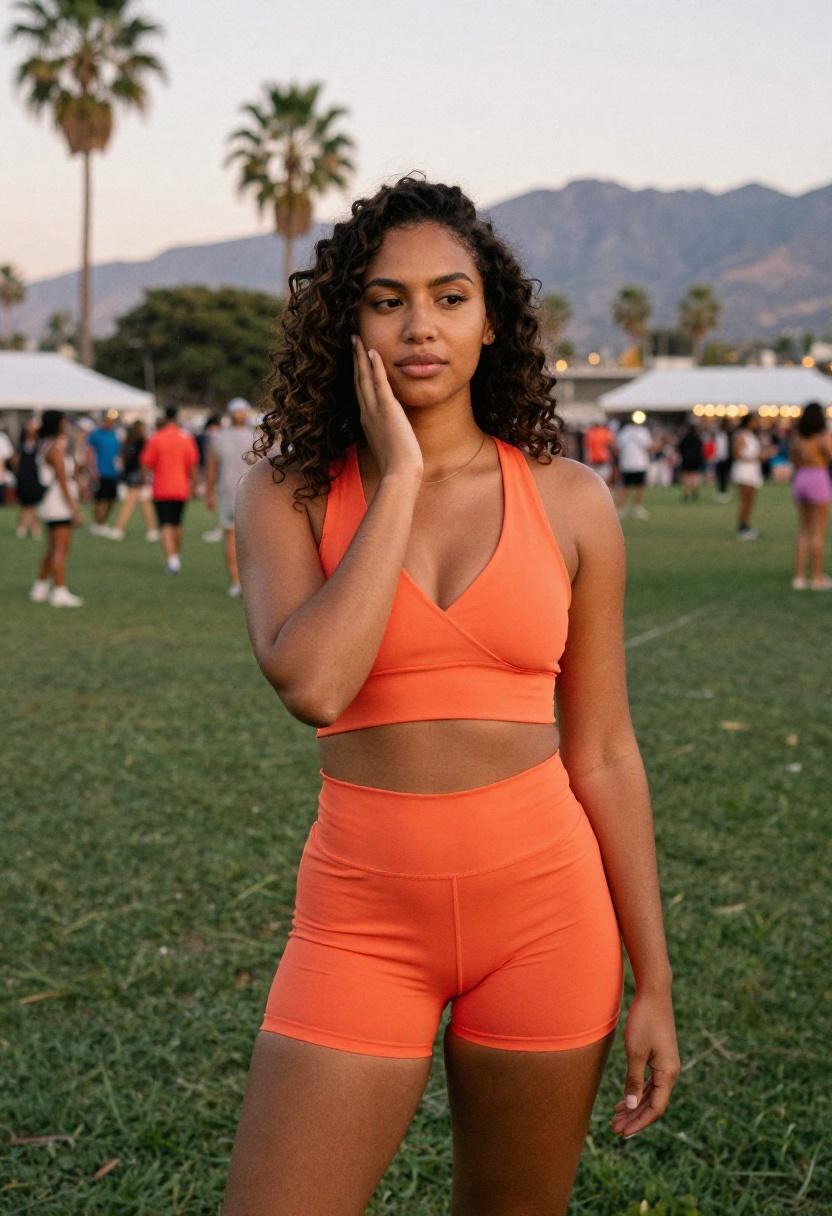 Tangerine orange athletic wrap top and volleyball shorts glowing in golden afternoon light