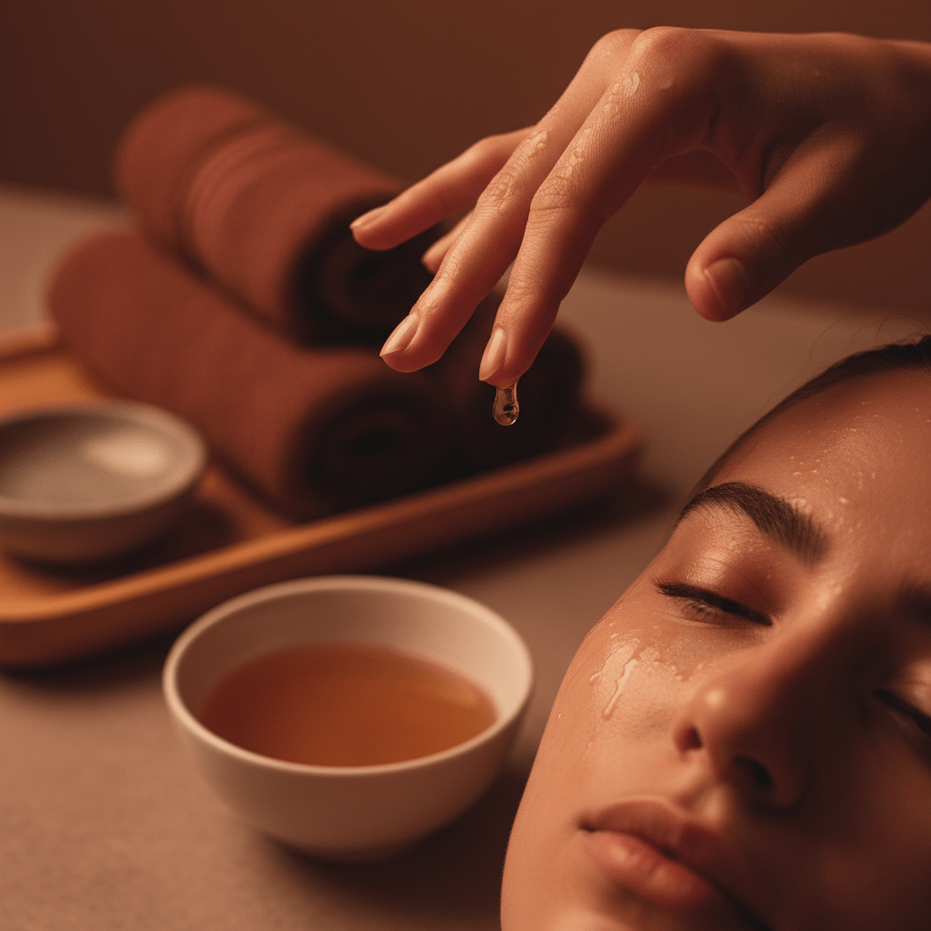 A calming nighttime skincare scene with serum applied to damp skin