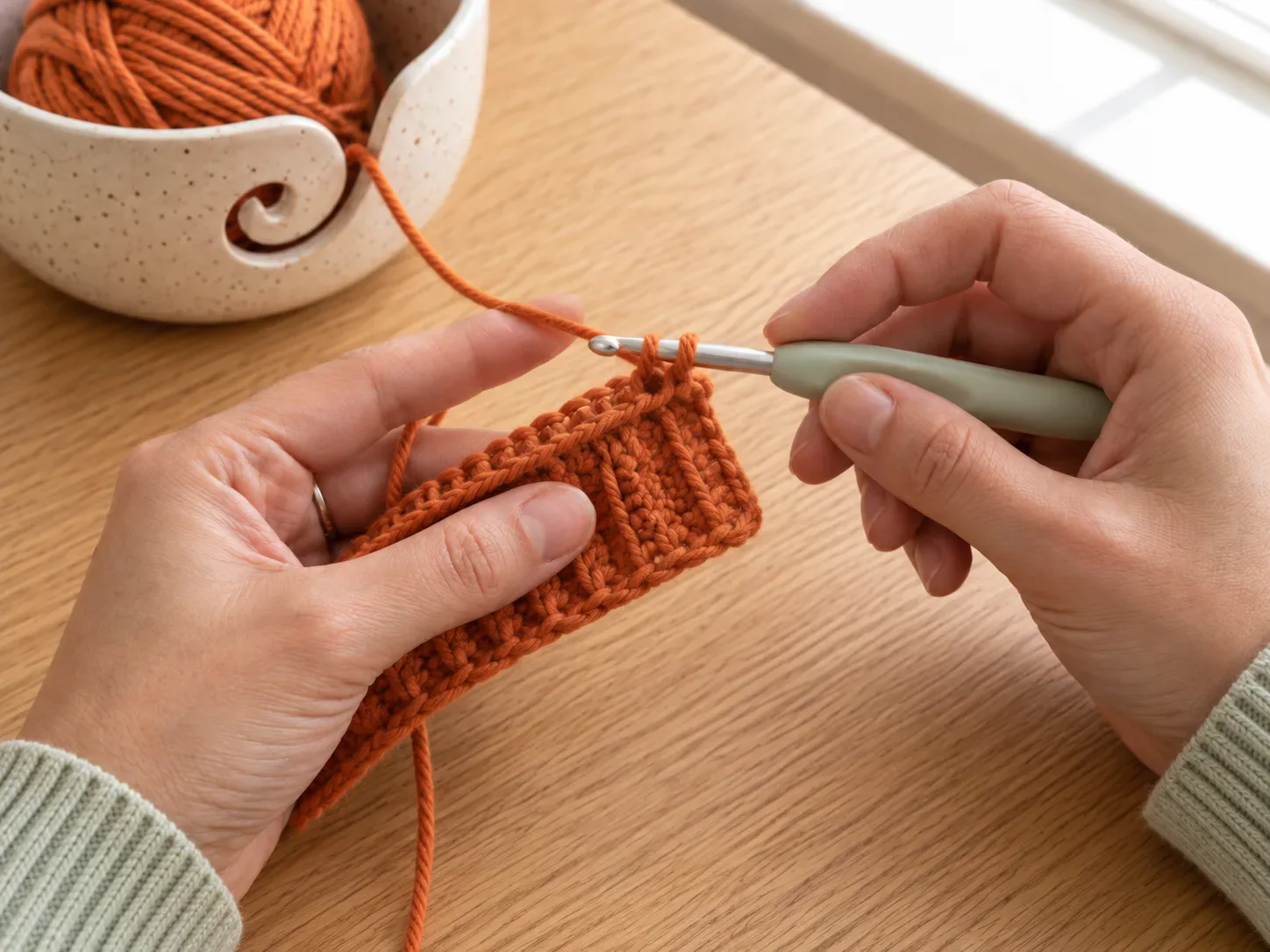 Work the first ribbed rows — Crochet back-loop rows to build the stretchy ribbed texture.