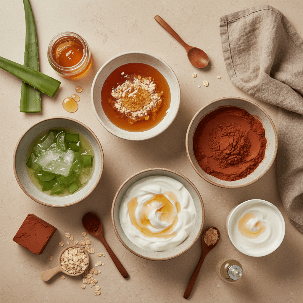 A set of four DIY glycerine face mask ingredients arranged neatly