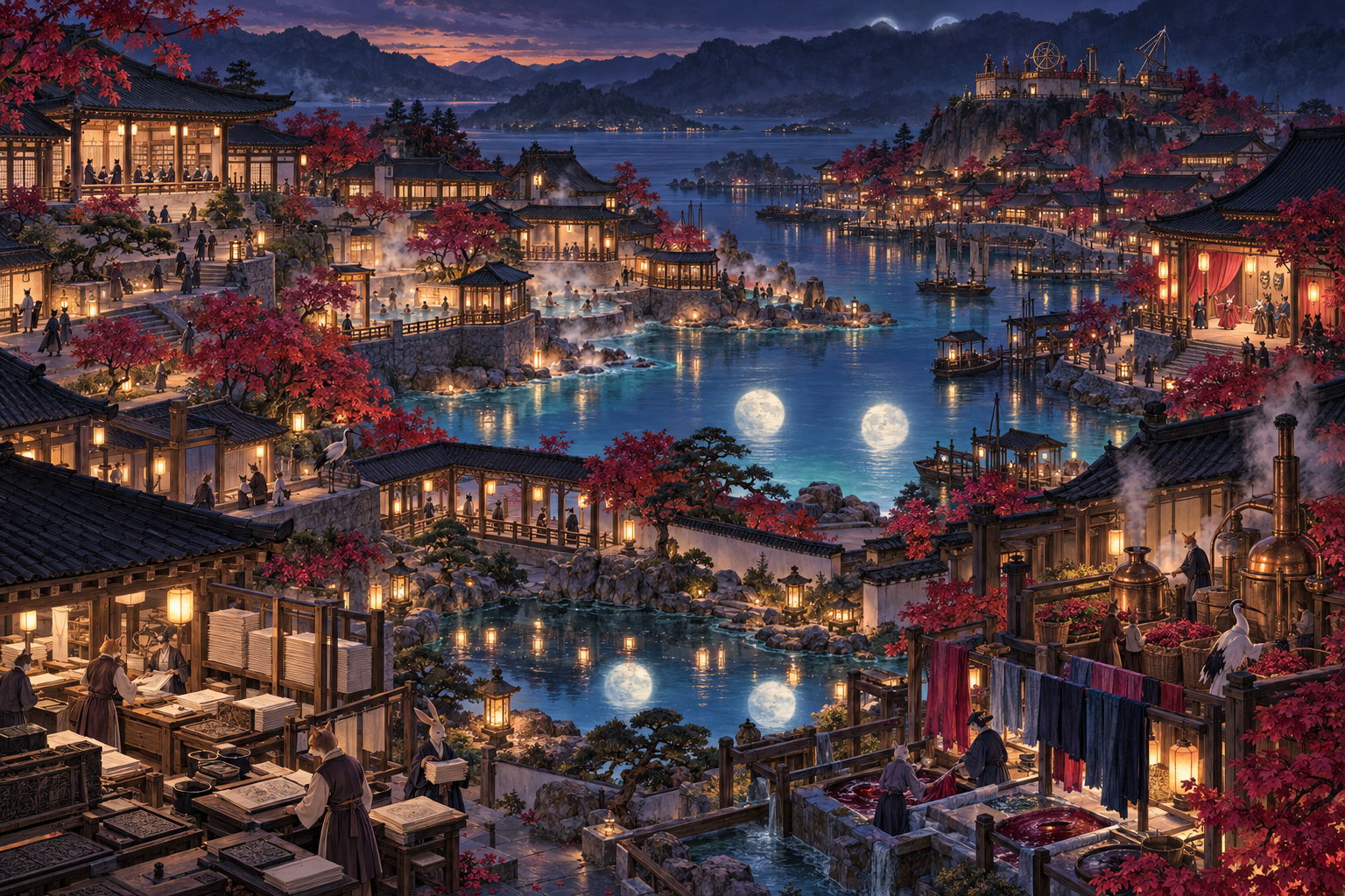 Moonpoint, the Crimson Blossoms of Seoul, with red-leafed groves, mirror ponds, academies, and elegant cultural districts