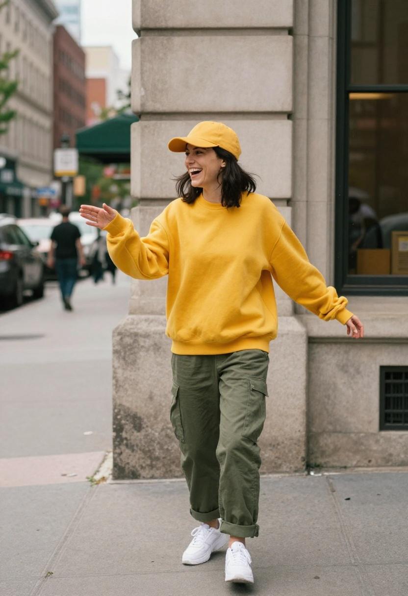 Electric yellow varsity sweatshirt with olive cargo pants for game day