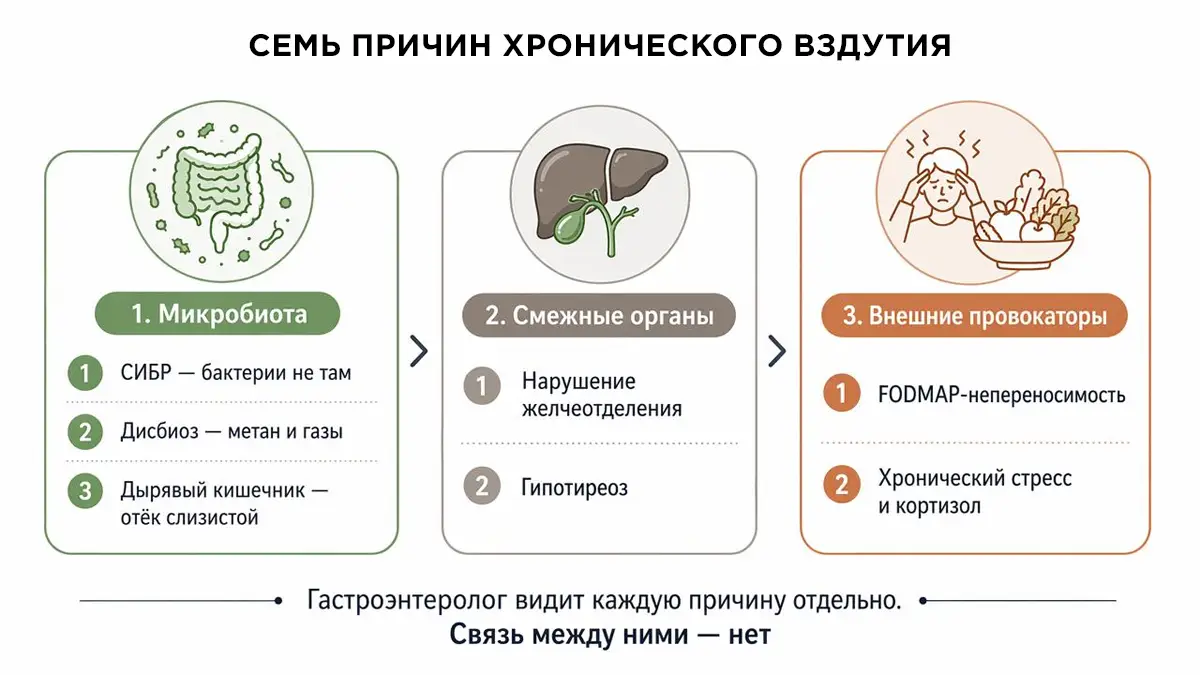 Схема: 7 причин хронического вздутия в трёх кластерах — микробиота, смежные органы, внешние провокаторы