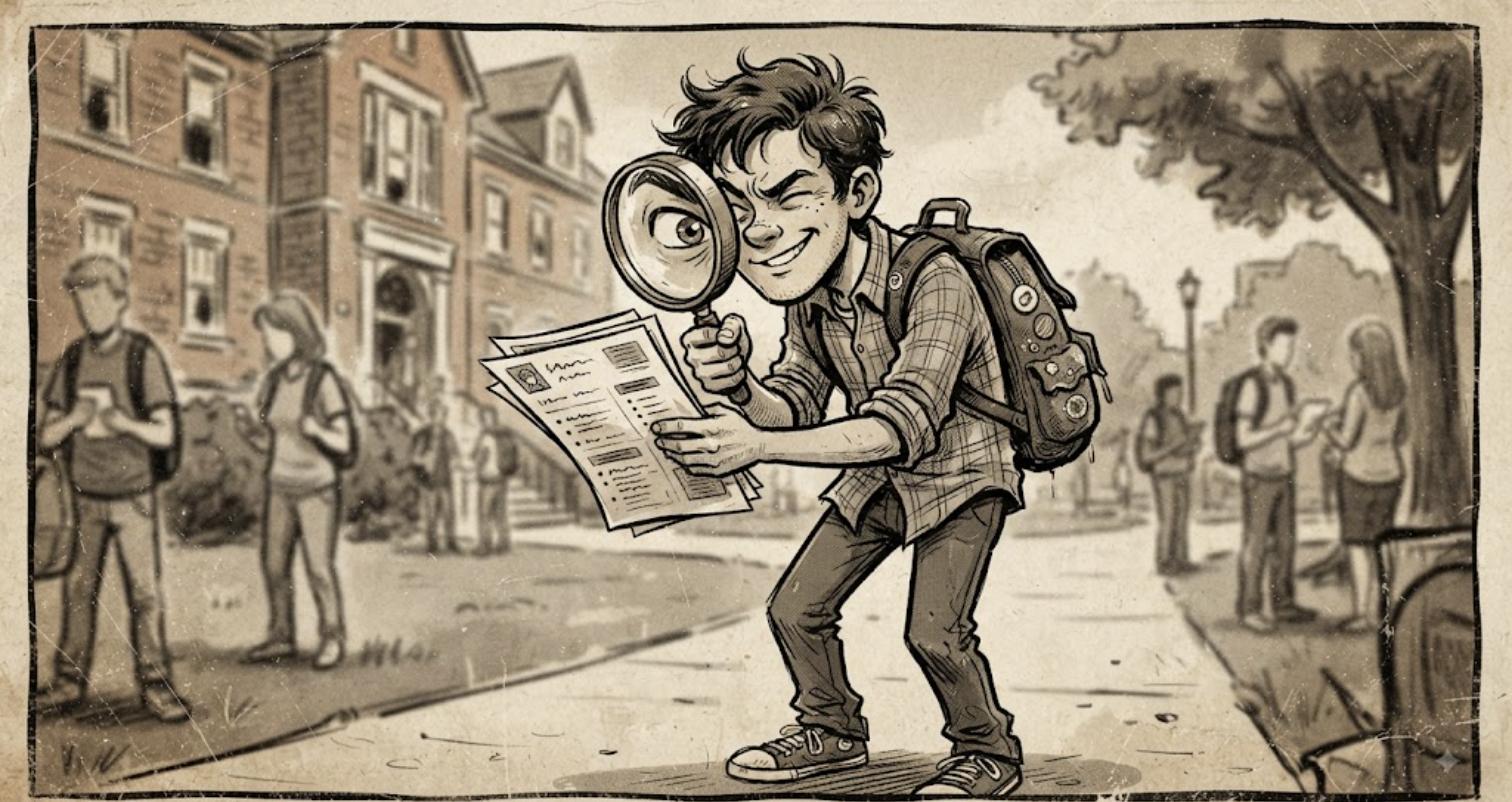 the same graduate squinting through an oversized magnifying glass at resume papers, brow furrowed