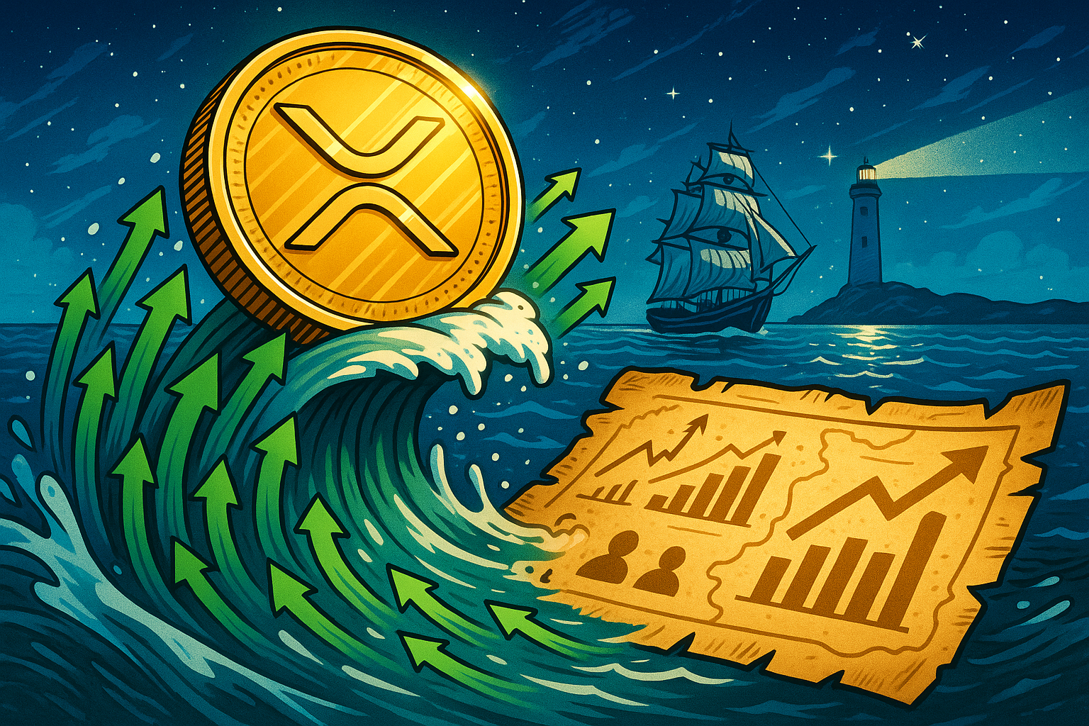 Illustration of XRP cryptocurrency ETFs showing sustained investor inflows