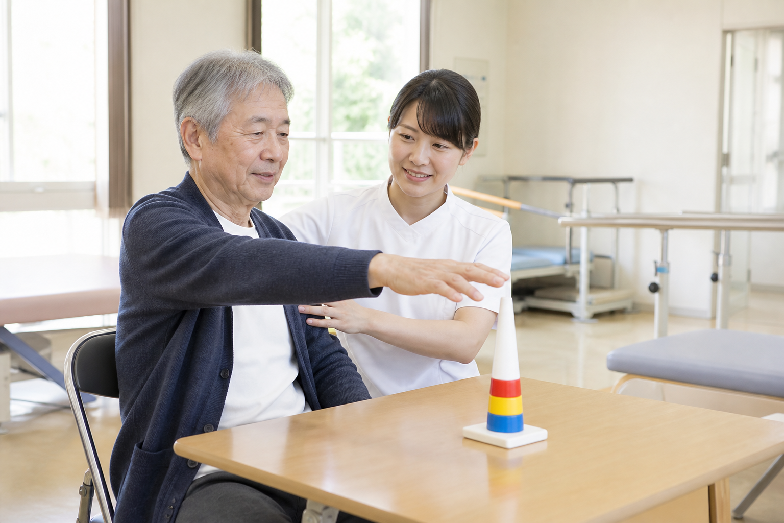専門職が脳卒中後の腕の到達動作を評価している様子