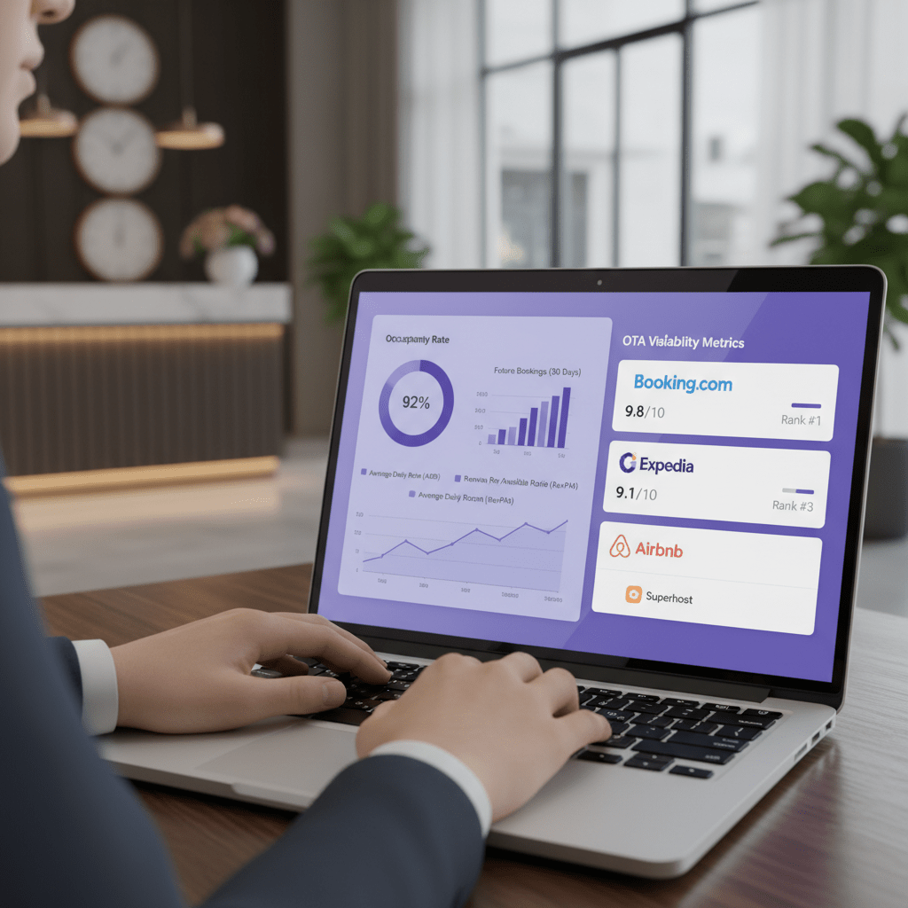 Hotel performance dashboard with booking charts and visibility metrics