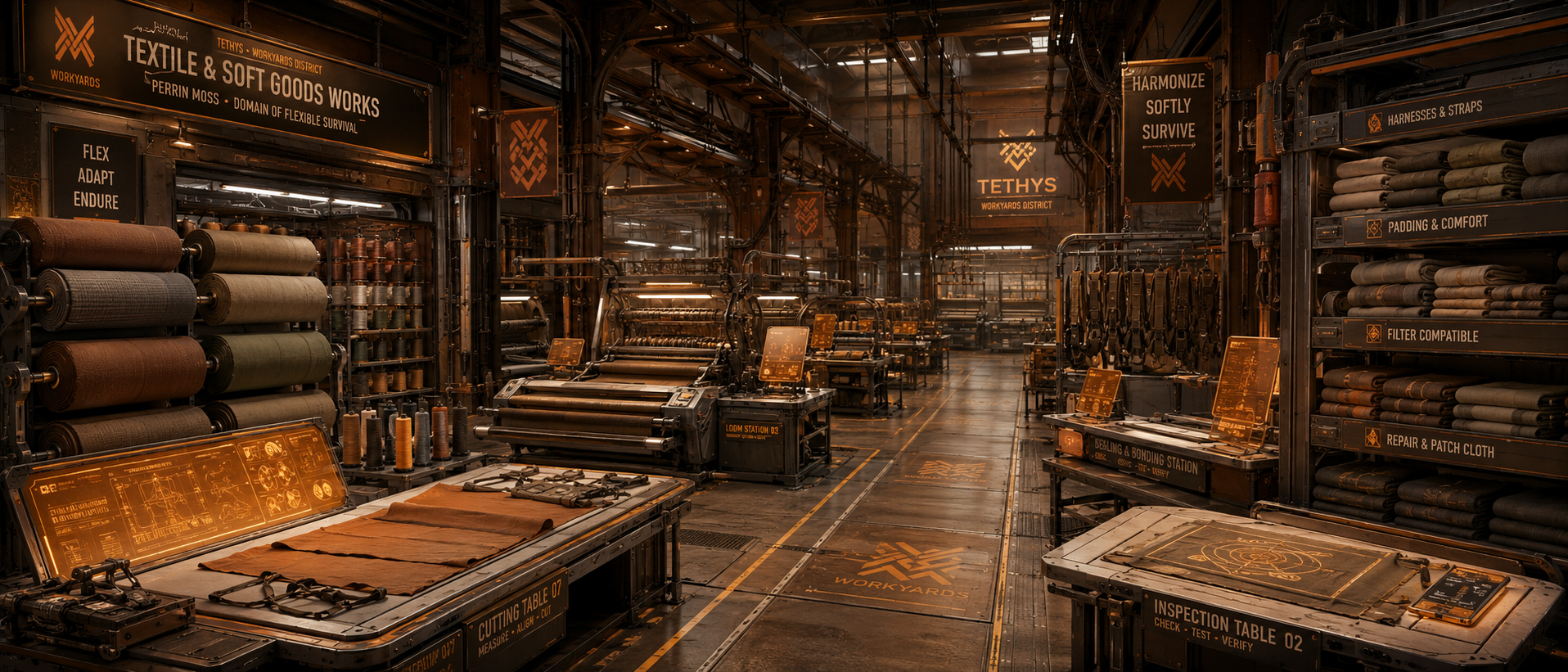 Textile and Soft Goods Works, a Workyards hall of cloth rolls, sewing tables, straps, harnesses, and soft repair systems.