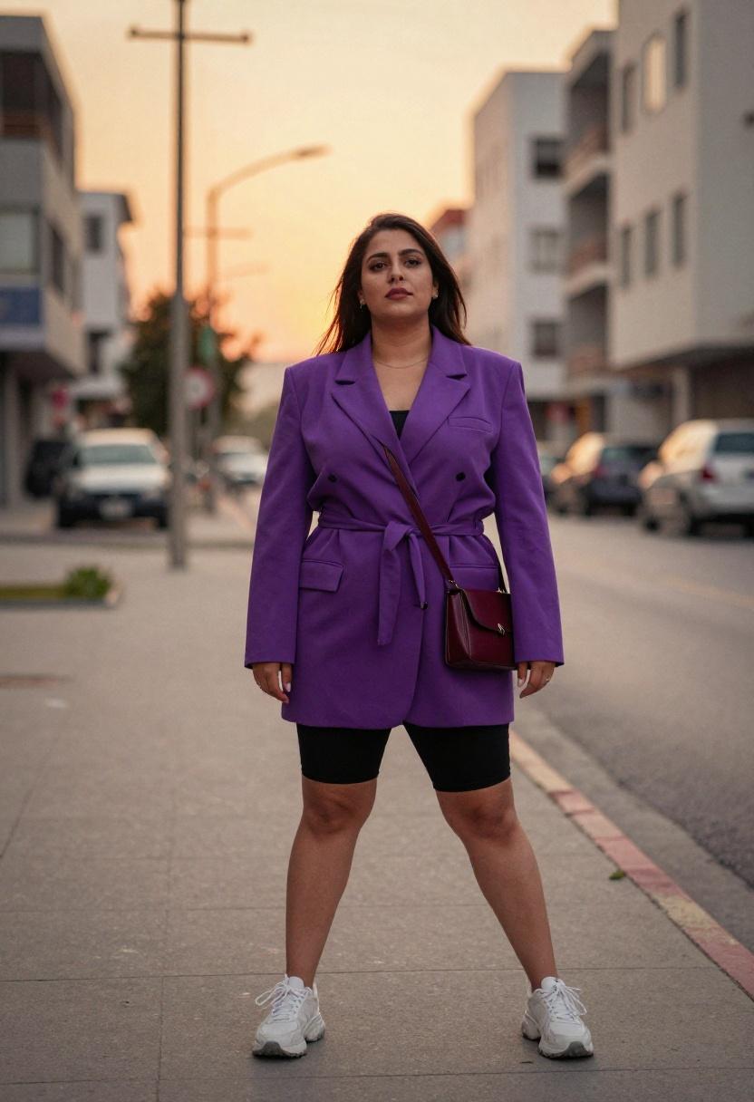 Plus-size woman in electric violet blazer dress belted at the waist at a festival