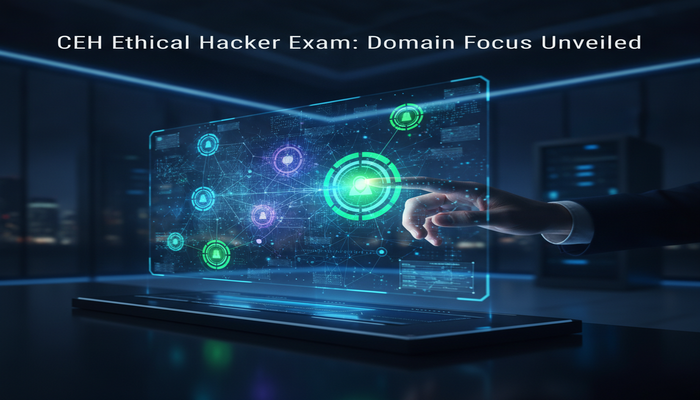 CEH Ethical Hacker Exam: Domain Focus Unveiled A close-up of a human hand interacting with a glowing, futuristic holographic display that visualizes complex cybersecurity data, with specific CEH v13 exam domains brightly highlighted, symbolizing strategic study focus and readiness.