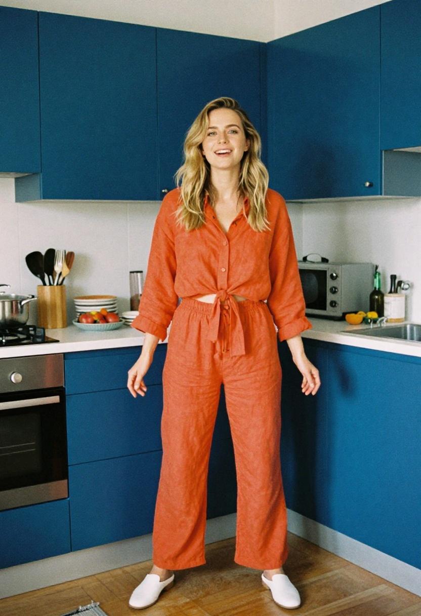 Tangerine linen co-ord set for cooking class date night