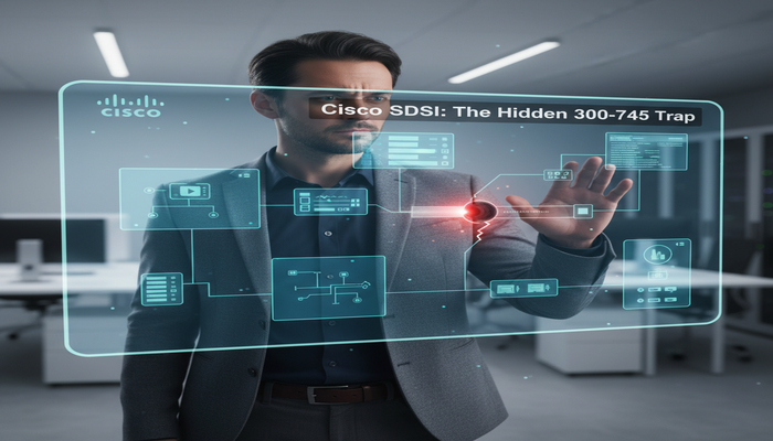 A tech professional analyzing a complex holographic display of Cisco security infrastructure, where a critical design path is broken, symbolizing a hidden pitfall for the Cisco SDSI 300-745 exam. The image highlights the struggle of applying theoretical knowledge to practical scenarios.