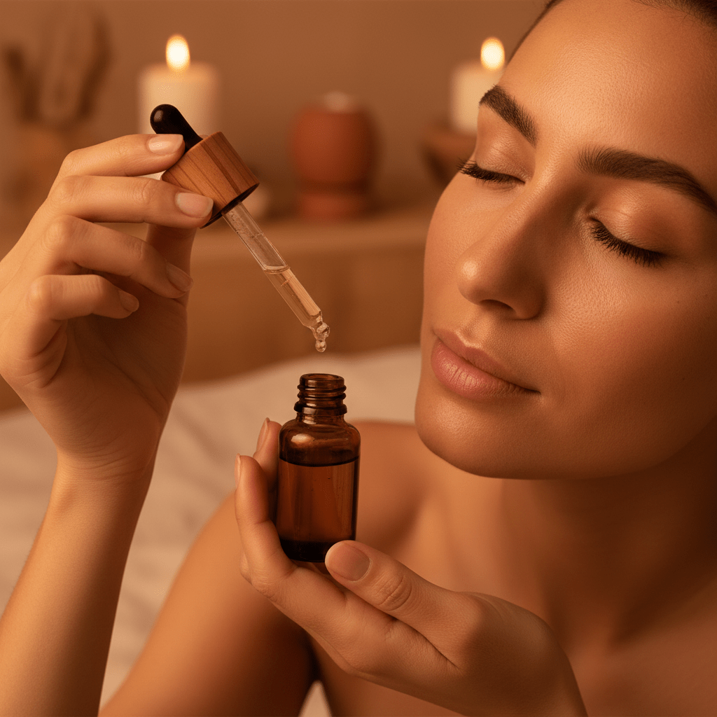 A woman applying a few drops of facial oil to clean skin at night, gentle self-care, soft warm lighting, natural beauty