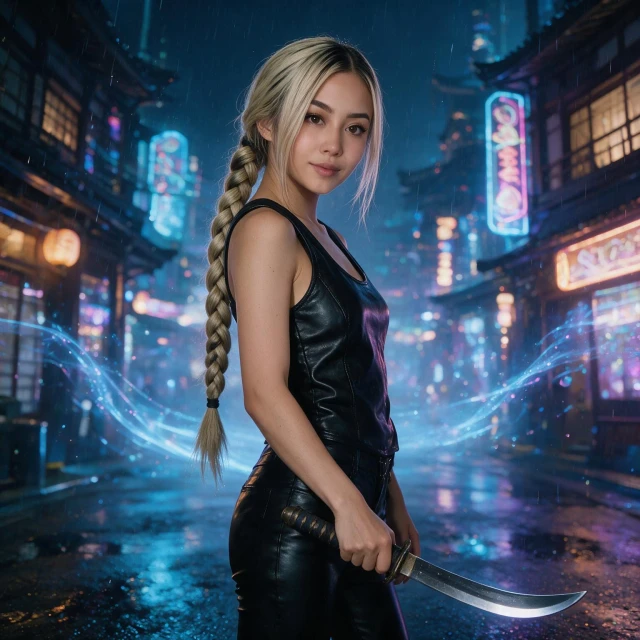 Photo realistic picture, As a ninja-style warrior with hair in a braid. Wearing a black leather tank top, and tight leather pants A cyberpunk magical metropolis with a Edo era theme in the background. During a rainy night. holding a curved sword.