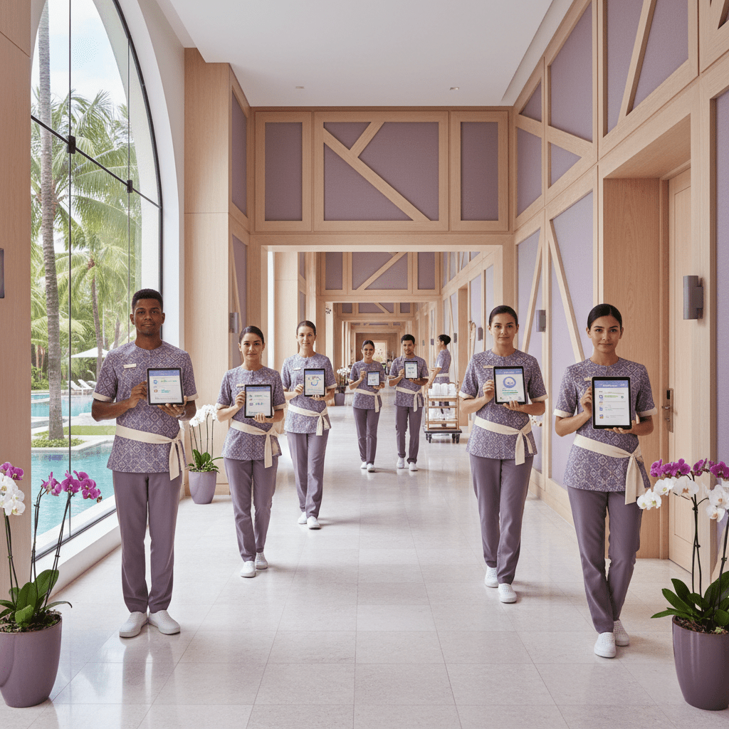 Hotel staff using tablets for housekeeping and maintenance updates