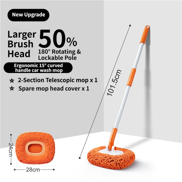 Orange 21° Curved Car Wash Mop and Snow Scraper with 180° Rotating Detachable Pole & 2 x Extra Large Microfiber Brush Cover – 2 Section Telescopic (58–101.5 CM) Aluminum Alloy Cleaning Brush for Vehicle and Home Care