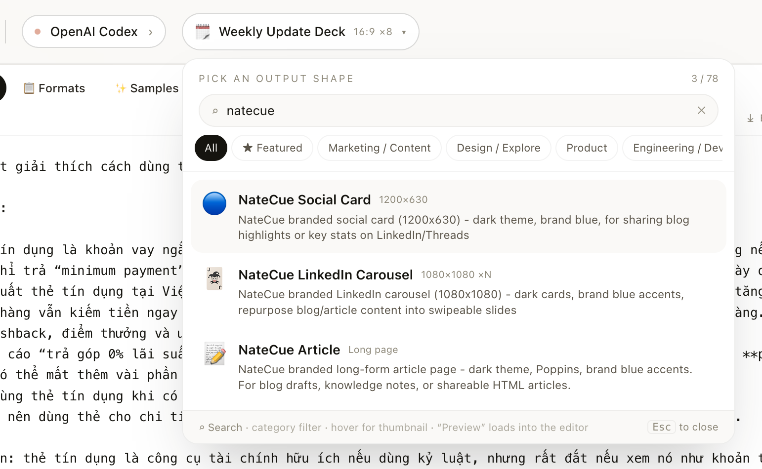 Template picker html-anything với 3 custom skill NateCue - Social Card 1200x630, LinkedIn Deck 1200x1080, và Article - tìm theo filter "natecue"