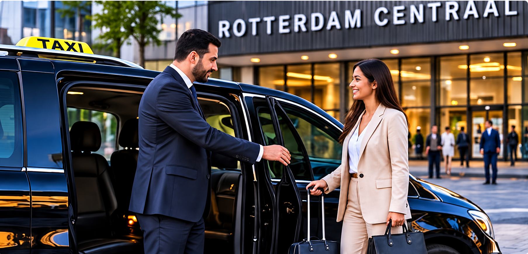 Taxichauffeur helpt een passagier instappen bij Rotterdam Centraal
