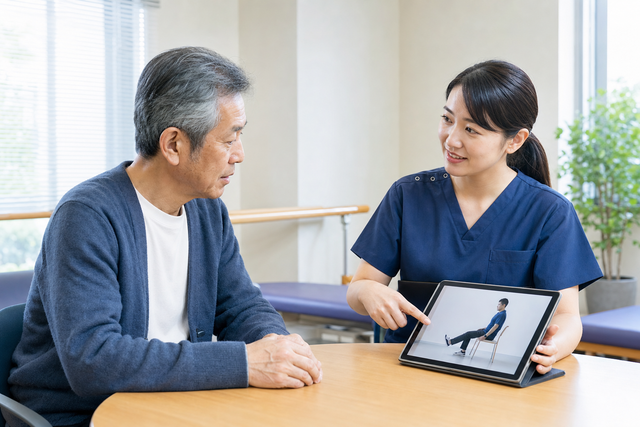対面のリハビリ評価でタブレットの在宅運動を専門職と振り返る場面
