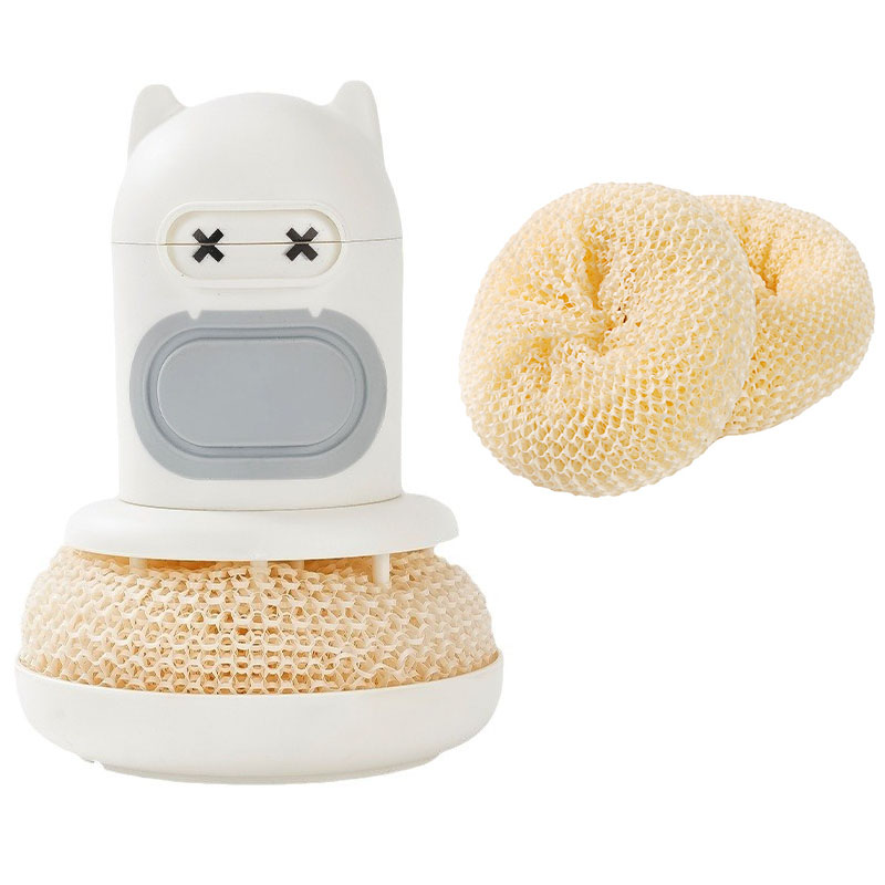 White Cartoon Press Dishwashing Brush with Replaceable Sponge Heads Kitchen Pot Cleaner