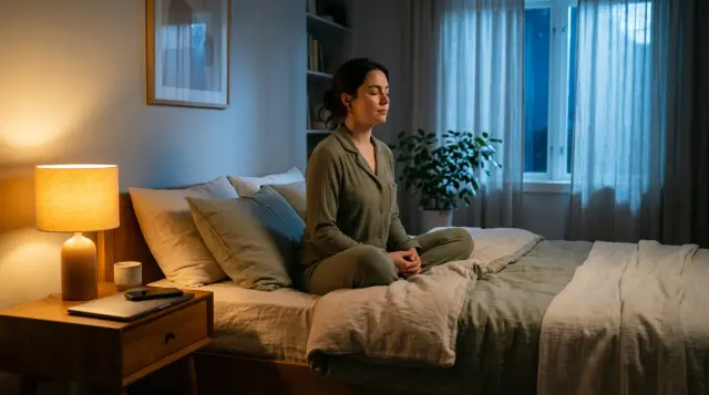 Person meditating peacefully on bed at night, devices face-down on nightstand, warm calm atmosphere
