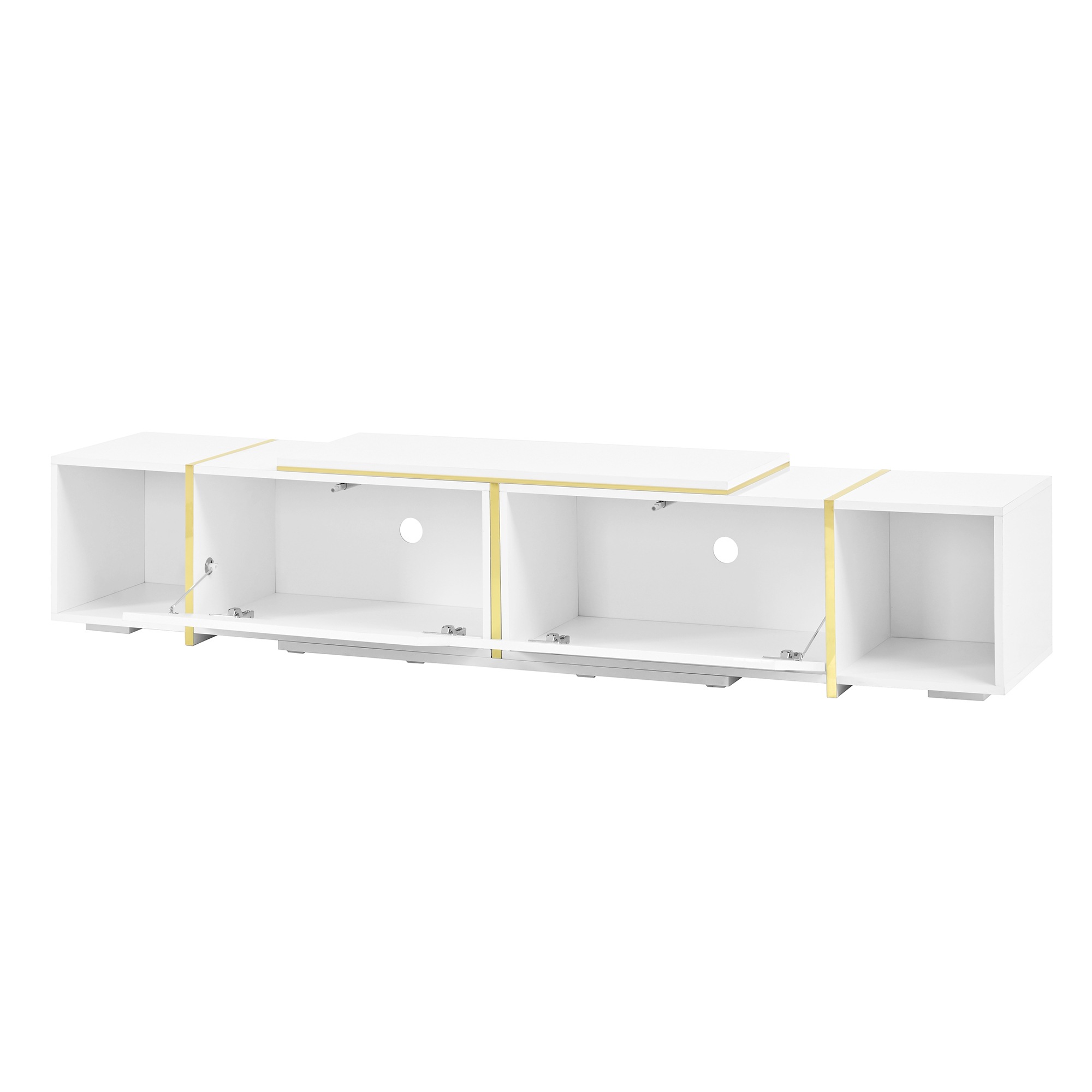 Meuble TV Blanc, Rangement, Gestion des Câbles, Extensible, Design Moderne, Structure Robuste - Panneaux de Particules - 275x35x37cm 3