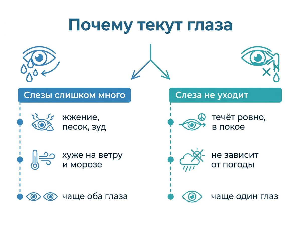 Избыток слезы или нарушение оттока Схема двух причин слезотечения