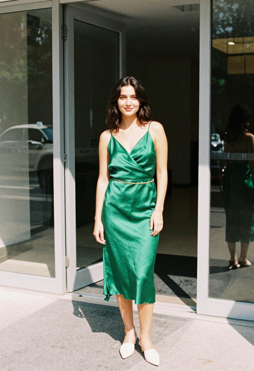 Emerald green satin wrap dress with waist chain city hall elopement