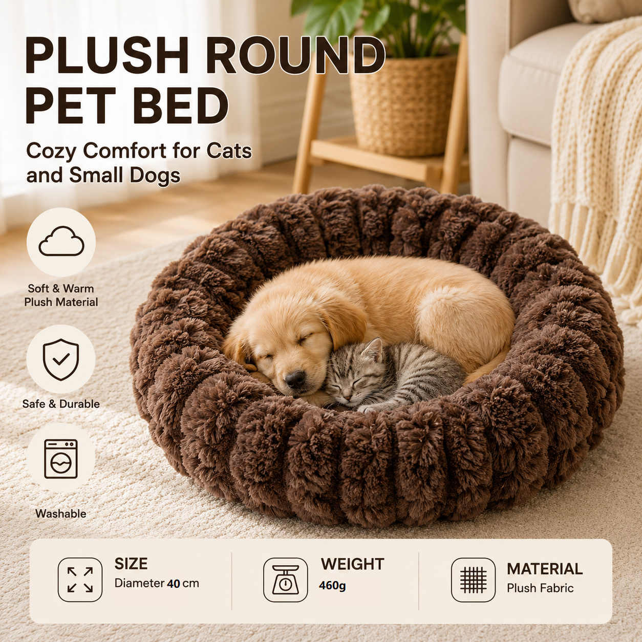 Coffee color 40cm with Heart-patterned jacquard Plush Round Pet Bed - Soft Donut Cat Bed, Warm Winter Dog Cushion for Anxiety Relief and Cozy Sleep, Durable Non-Slip Nest for Small to Medium Pets