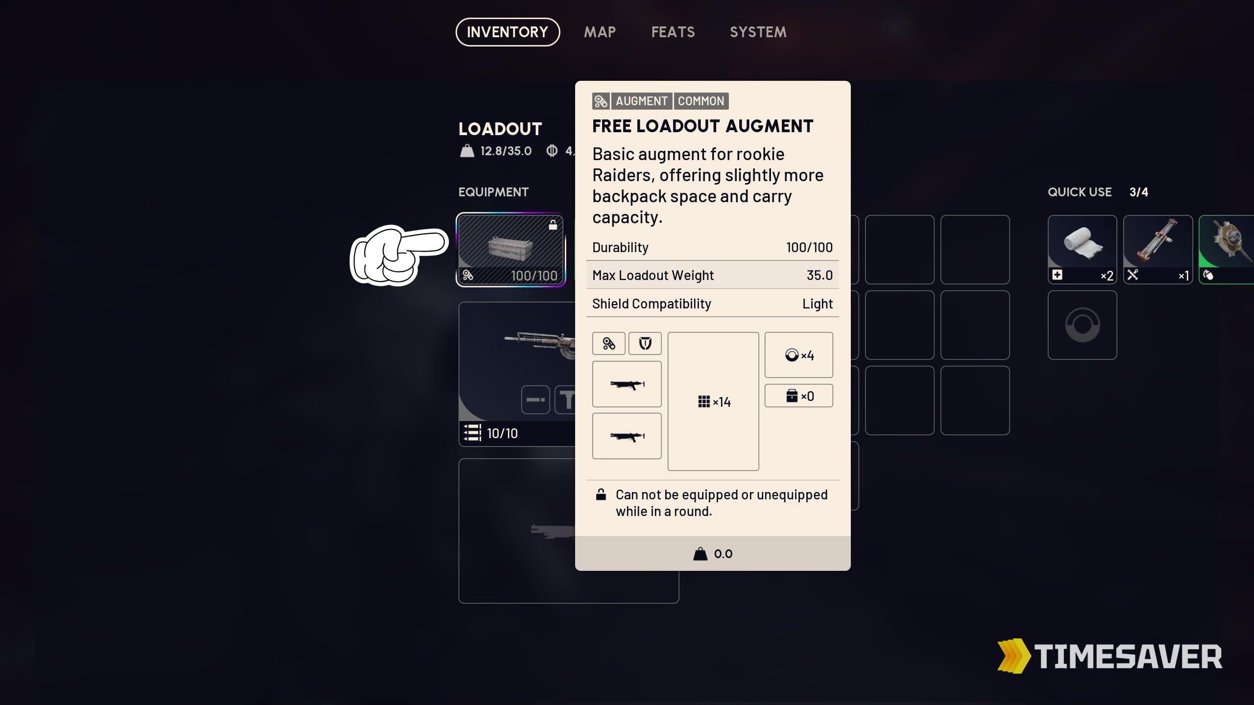 ARC Raiders Free Loadout Augment card in the loadout screen showing durability, max loadout weight and shield compatibility