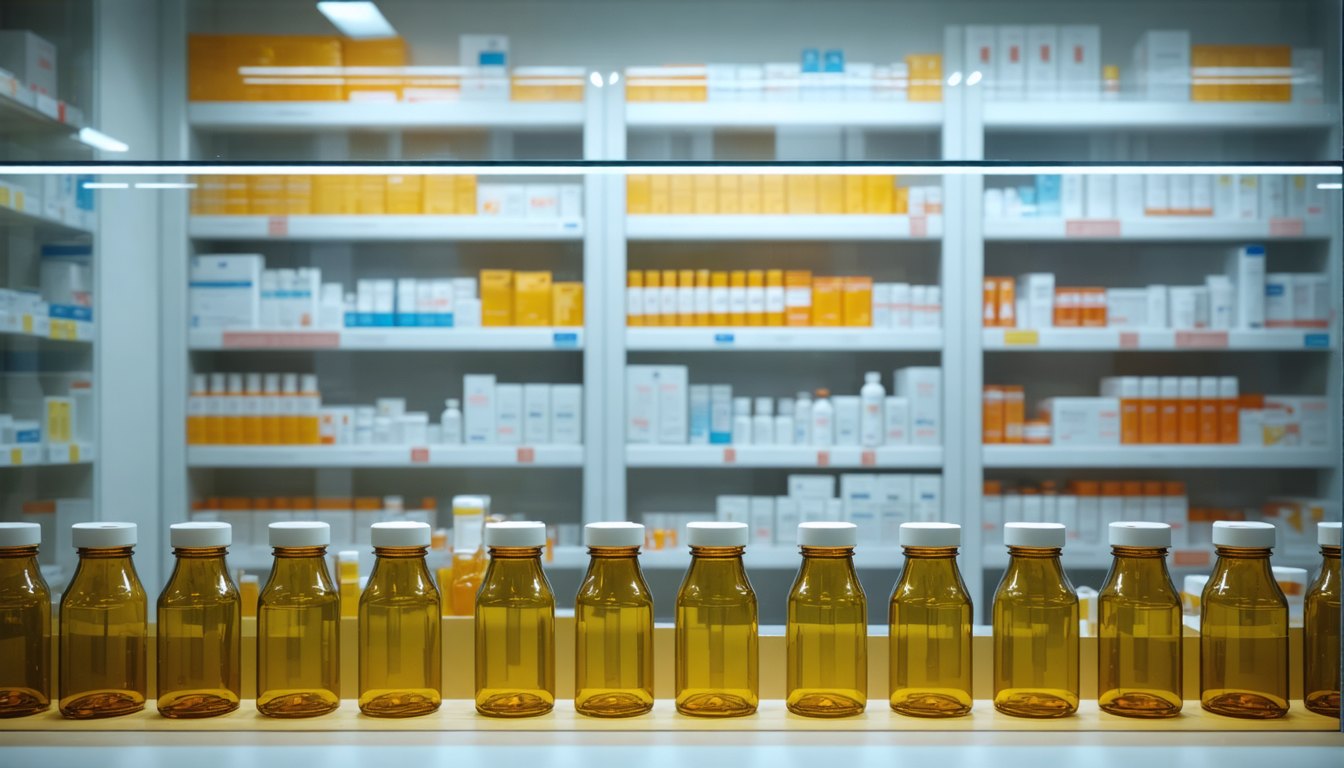 An empty pharmacy counter with rows of amber pill bottles, soft overhead light, no people visible