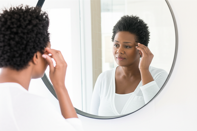 Black woman experiencing postpartum hair loss